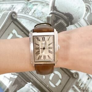 Fossil FS6012 Carraway Silver Rectangular Watch Brown Leather Strap 50M Quartz